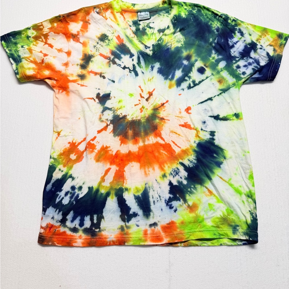 Allen Solly Neon Orange & Green Spiral Tie-Dye V-Neck Tee